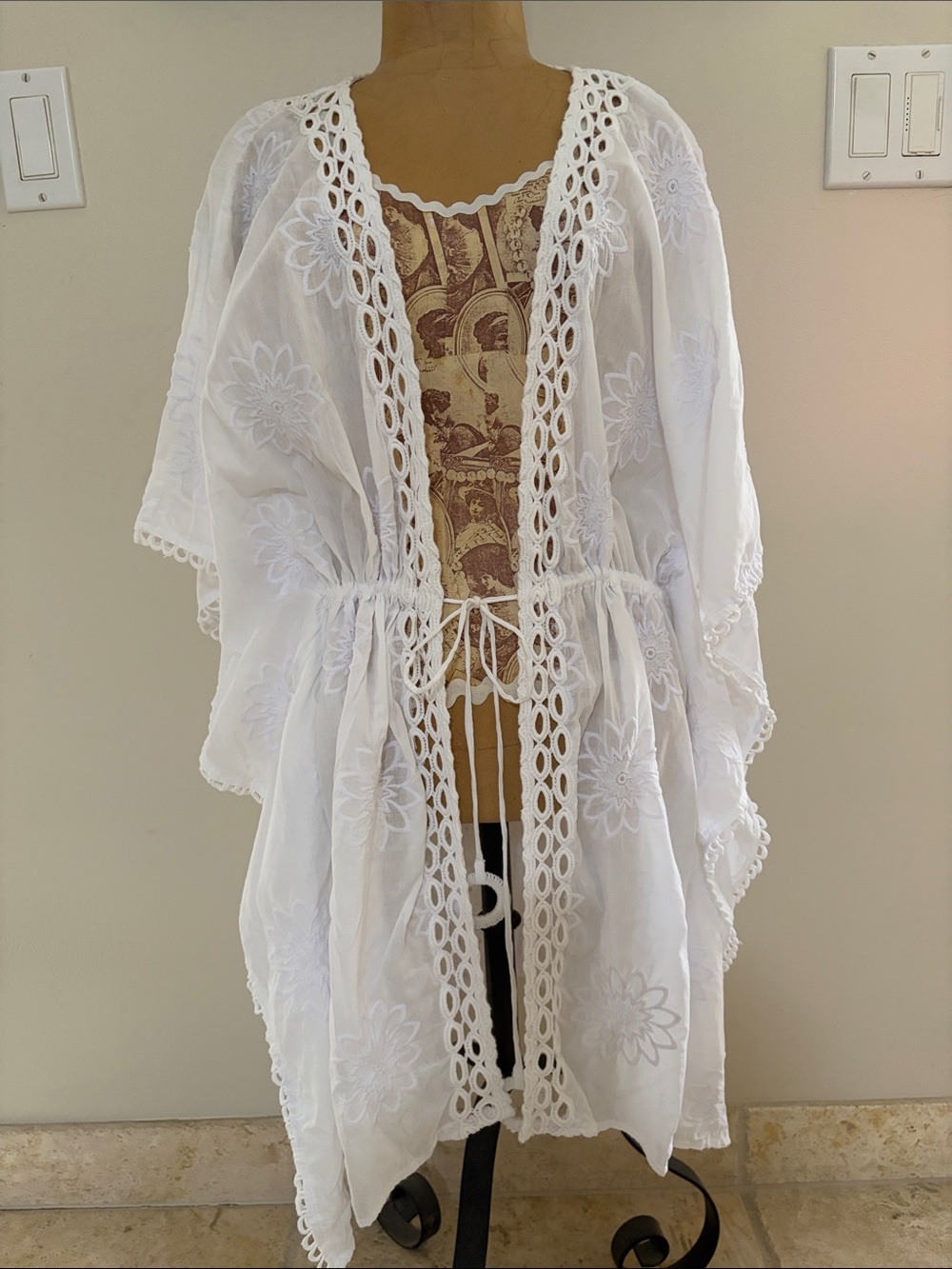 White Embroidered Crochet Trim Kimono Cover-Up